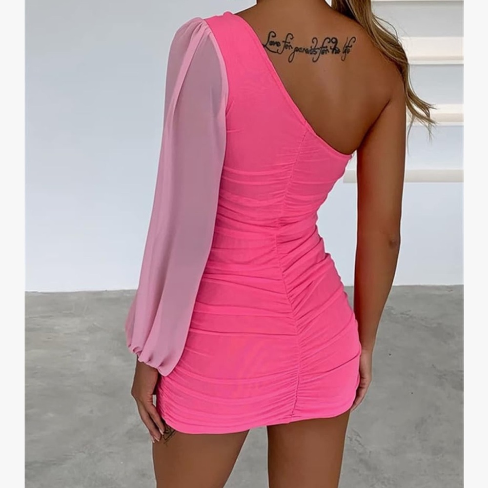 Pink One-Shoulder Ruched Dress - Picture 5 of 5
